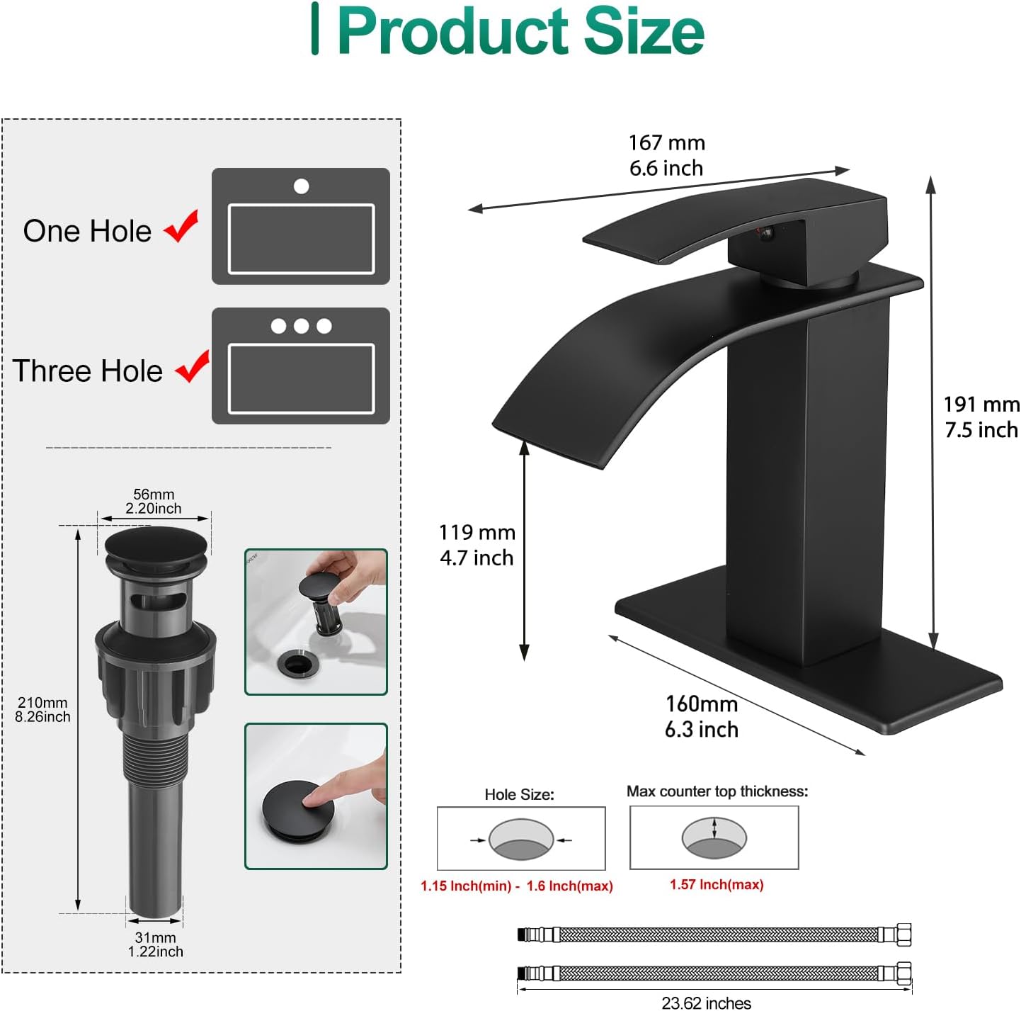 VOTON Black Bathroom Faucets Modern Waterfall Bathroom Sink Faucet Matte Black Single Handle Bathroom Faucet for 1 or 3 Holes with Deck Plate and Pop-Up Drain, Rv Sink Camper Farmhouse Bathroom Faucet