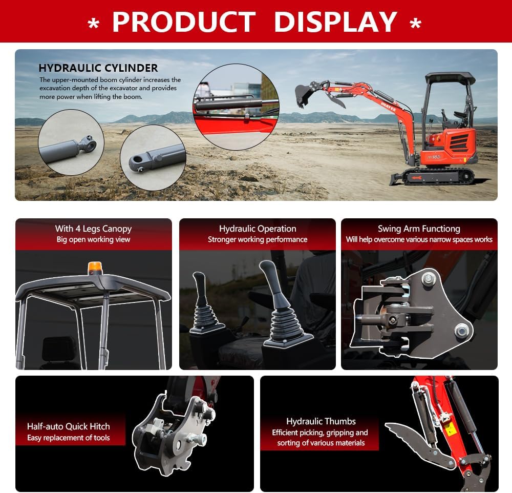 HY18B 2T Mini Excavator, KubotaDiesel 14HP, w/Pilot Controls Side Swing Boom for Construction Landscaping, Includes Hydraulic Thumb & Semi-Auto Quick Coupler, Includes delivery & unloading services