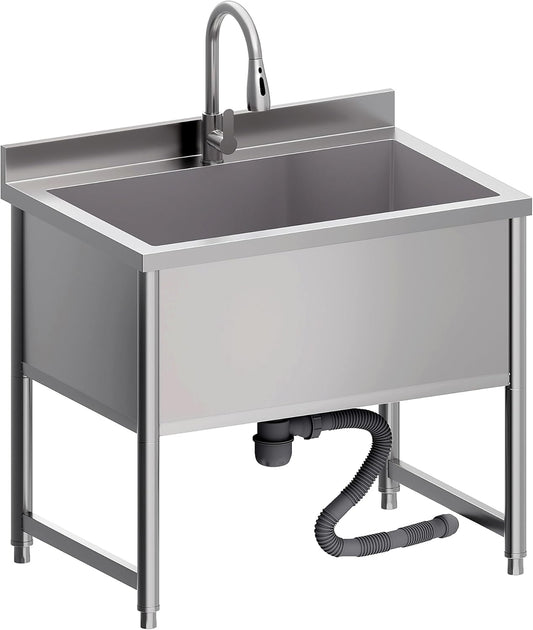 Stainless Steel Commercial Restaurant Sink, Freestanding Large Commercial Sink with Pull-out Faucet for Kitchen Dishwashing, Thawing, Pet Cleaning, Laundry Room, 35 Gallon, 23.6"D x 33.5"W x 36.8"H