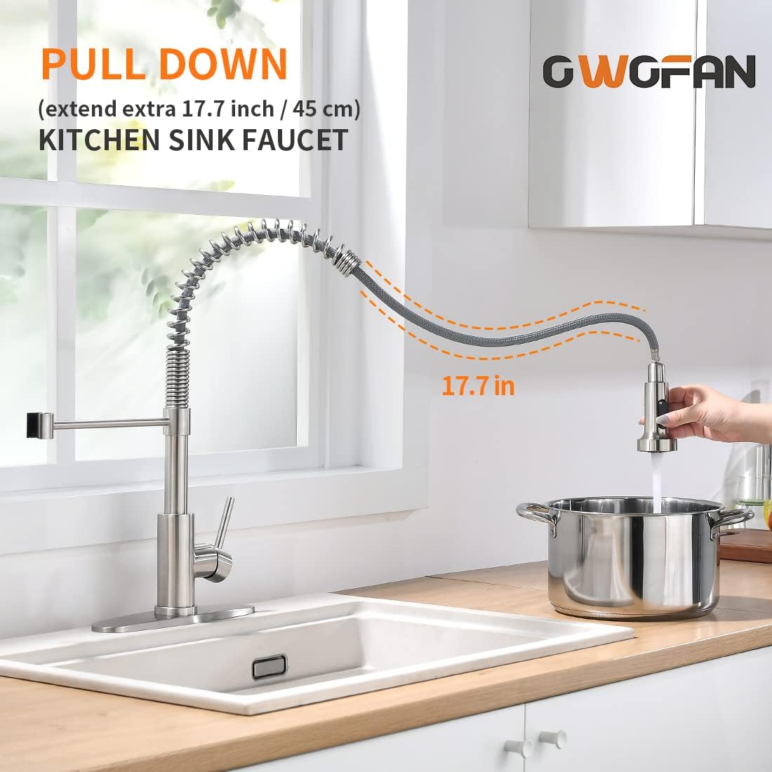 OWOFAN Kitchen Faucet with Pull Down Sprayer Brushed Nickel Stainless Steel 1 Handle Pull Out Spring Sink Faucets 1 Hole Or 3 Hole Dual Function for Farmhouse Camper Laundry Utility Rv Wet Bar