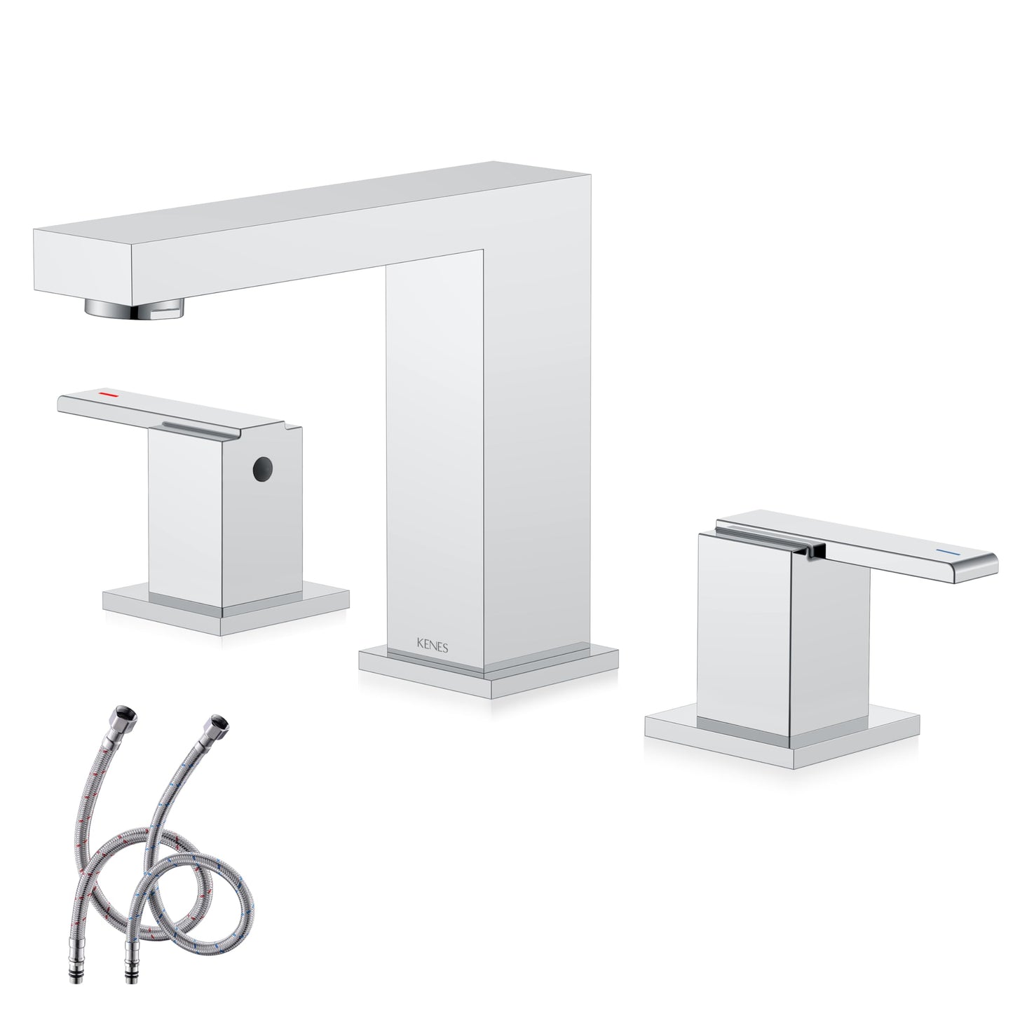 KENES Polished Chrome Widespread Bathroom Faucet 2 Handle Bathroom Sink Faucet 3 Hole, 8-Inch 3 Pieces Vanity Faucet with Pop Up Drain & Supply Lines, KE-9050-5-P