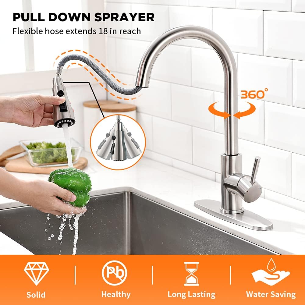 OWOFAN Brushed Nickel Kitchen Faucets Pull Down Sprayer Kitchen Sink Faucet Pull Out Sprayer 1 Hole 1 Handle Stainless Steel 68R-866068SN