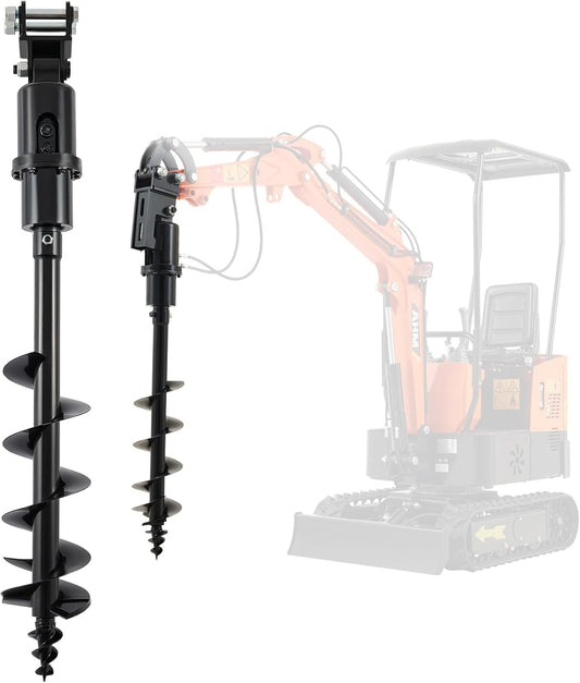 AHM Auger Drill Attachment for Mini Excavator, Hydraulic Mini Excavator Attachment with 2 Hydraulic Hoses, 8" Diameter 47" Depth, Mini Excavator Earth Auger Drive for Drilling Digging Planting