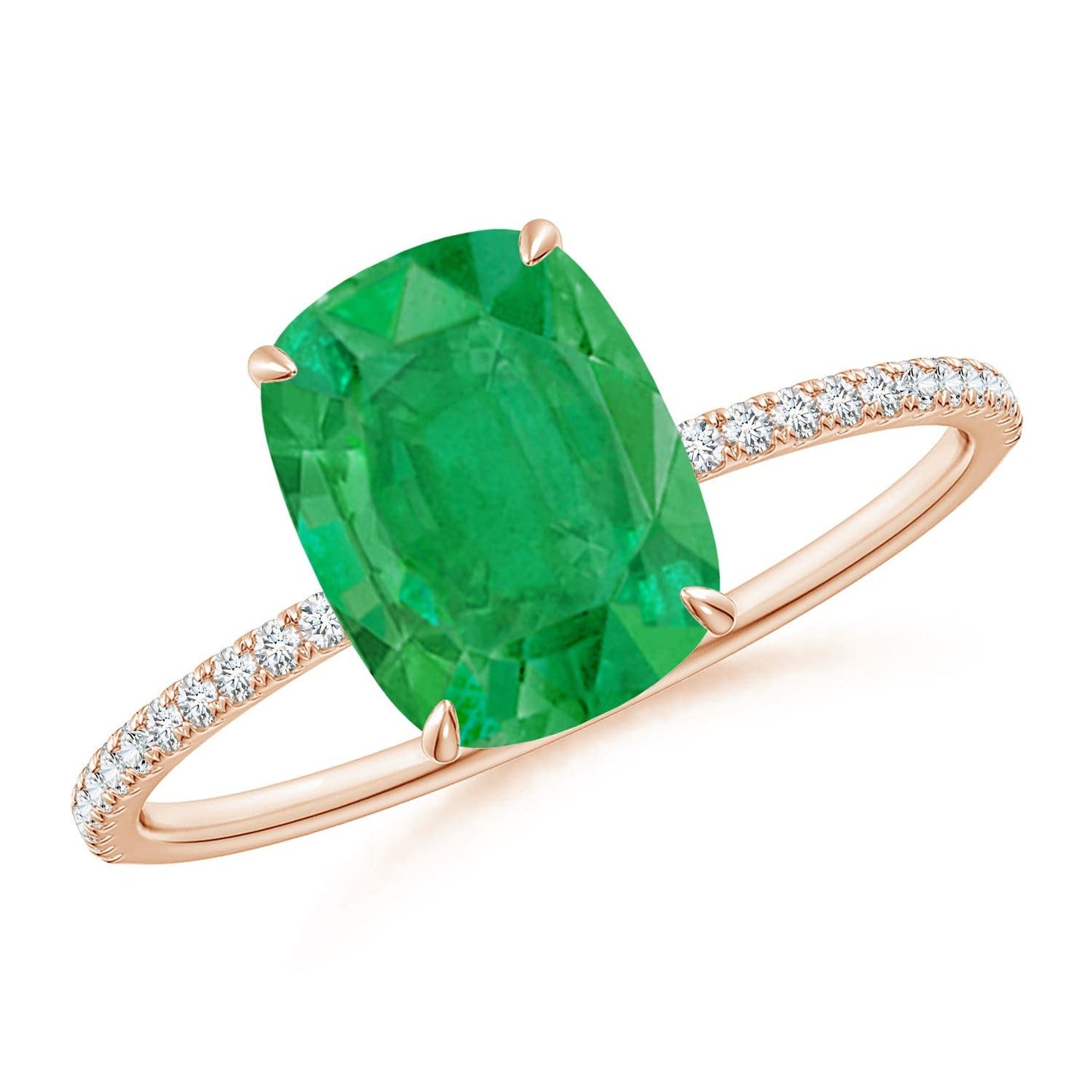 Angara Natural Emerald Ring for Women | Thin Shank Cushion Emerald Ring with Diamond Accents in 14K Solid Gold | May Birthday, Anniversary, Gemstone Jewellery Gift