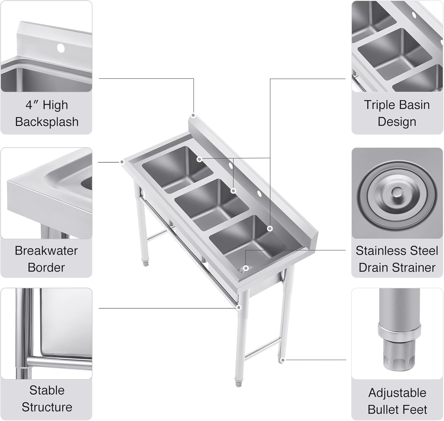 WILPREP Stainless Steel 3 Compartment Commercial Sink with s, Kitche Station with 11x10 Inch Basins, Utility Sink for Restaurant Bar Home Laundry Room Garage