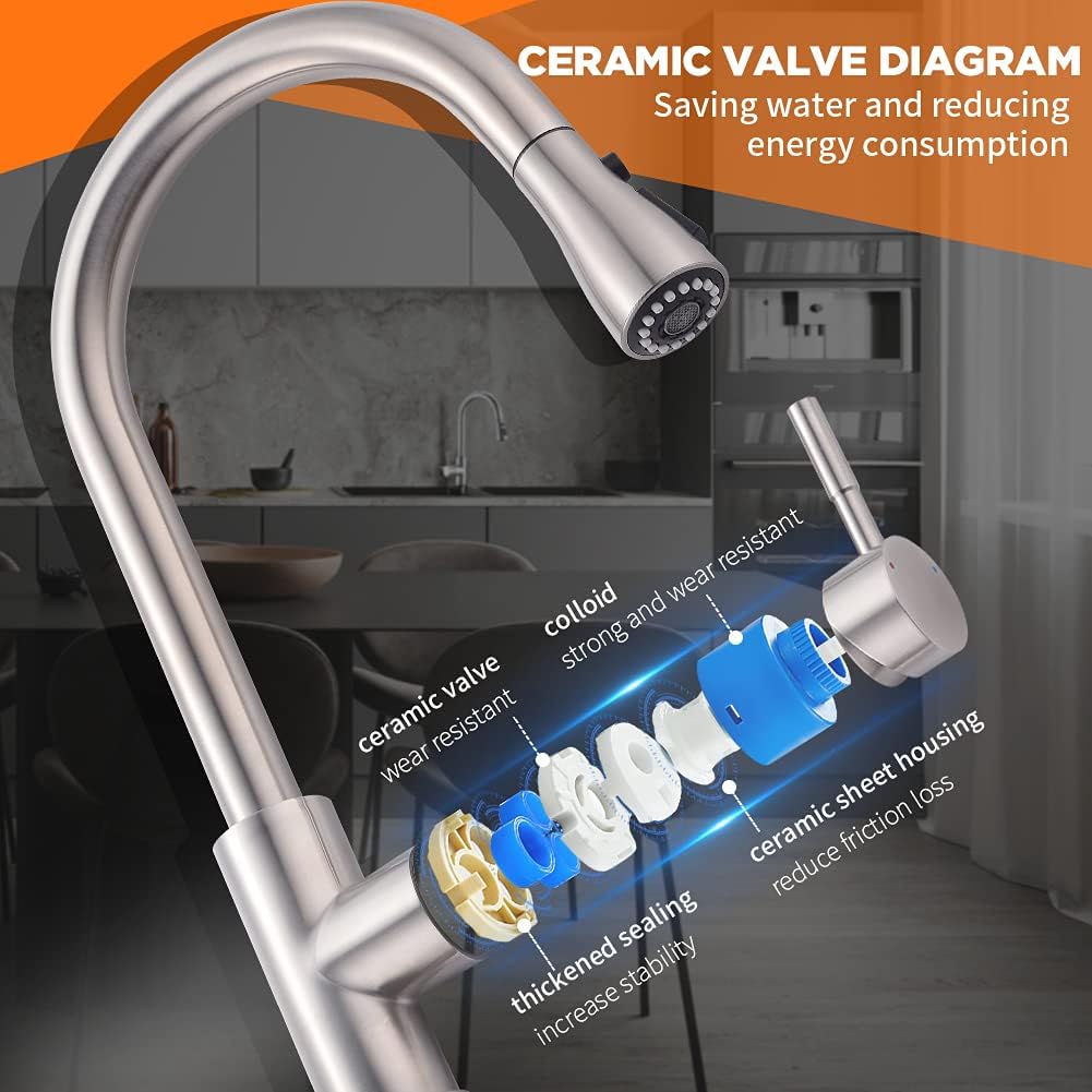 OWOFAN Brushed Nickel Kitchen Faucets Pull Down Sprayer Kitchen Sink Faucet Pull Out Sprayer 1 Hole 1 Handle Stainless Steel 68R-866068SN