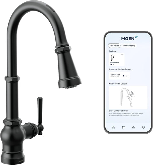 Moen Paterson Matte Black Smart Faucet Touchless Pull-Down Sprayer Kitchen Faucet with Voice and Motion Control, S75003EV2BL