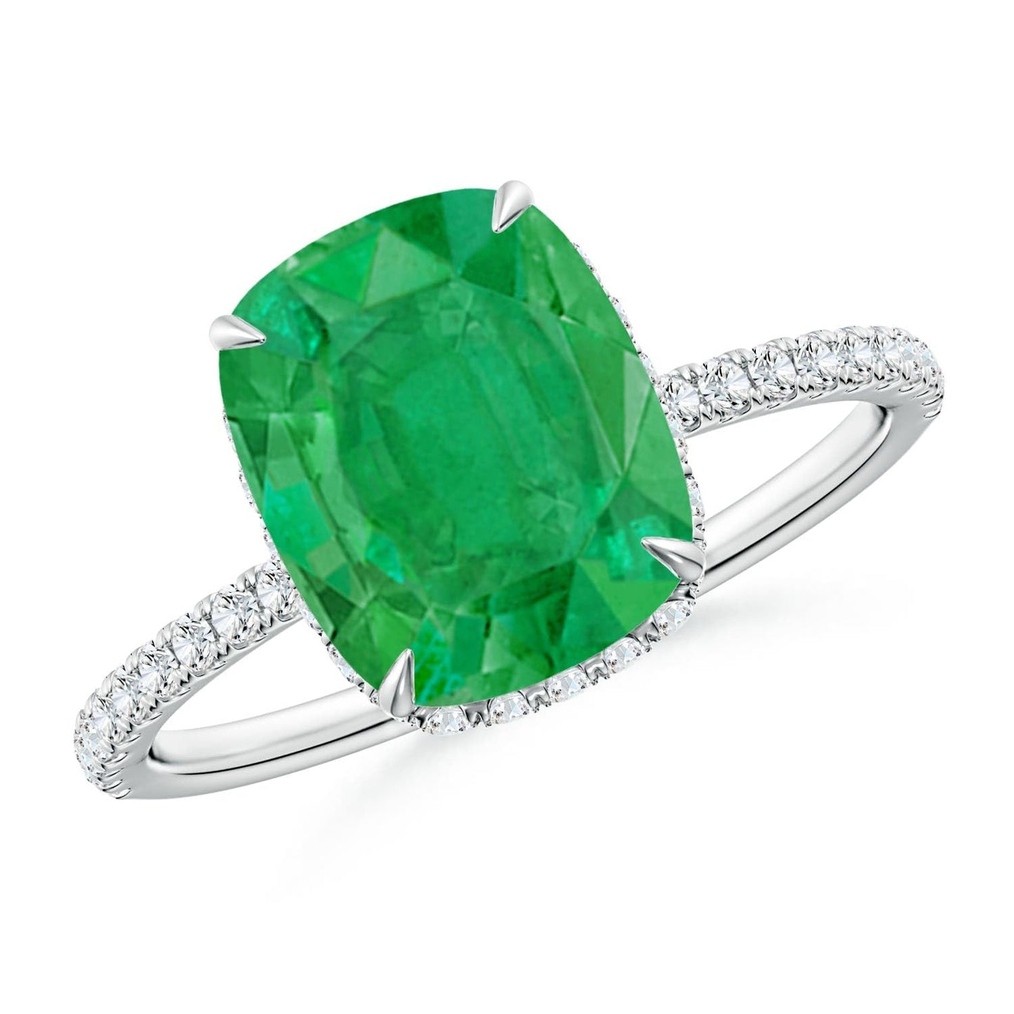 Angara Natural Emerald Ring for Women | Thin Shank Cushion Emerald Ring with Diamond Accents in 14K Solid Gold | May Birthday, Anniversary, Gemstone Jewellery Gift