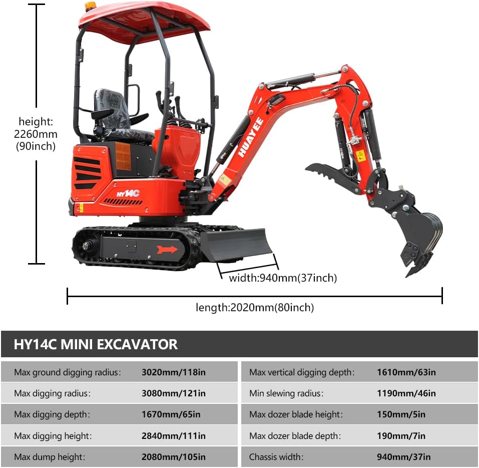 HY14C 1.4 Ton Mini Excavator w/Side Swing Boom, Semi-Auto Quick Coupler & Hydraulic Thumb for Tight Space Construction, Landscaping, Farming 13.5HP B&S Engine, Includes delivery & unloading services