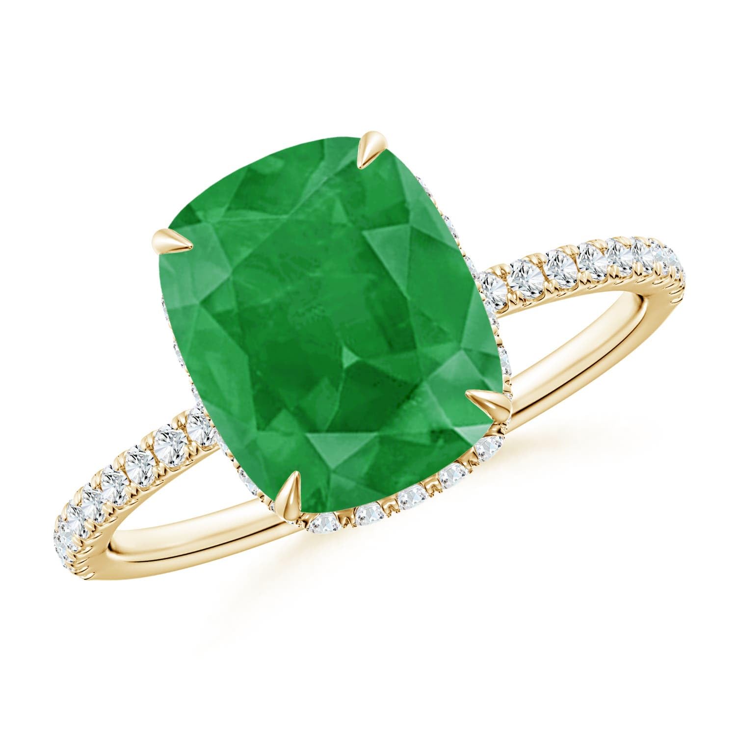 Angara Natural Emerald Ring for Women | Thin Shank Cushion Emerald Ring with Diamond Accents in 14K Solid Gold | May Birthday, Anniversary, Gemstone Jewellery Gift