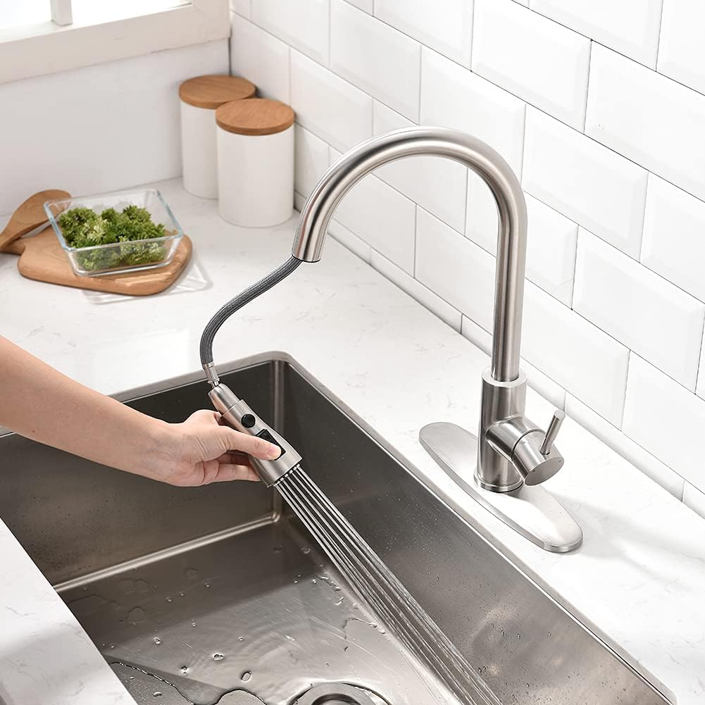 OWOFAN Brushed Nickel Kitchen Faucets Pull Down Sprayer Kitchen Sink Faucet Pull Out Sprayer 1 Hole 1 Handle Stainless Steel 68R-866068SN