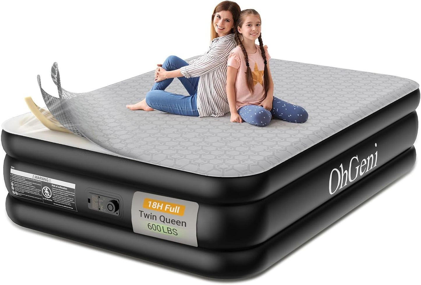 OhGeni 20" Luxury Queen Air Mattress with Built-in Pump & 18" Luxury Full Inflatable Bed with Silk Foam Topper for Superior Comfort, Blow-Up Mattress for Home, Camping & Guests, Extra Support, Black