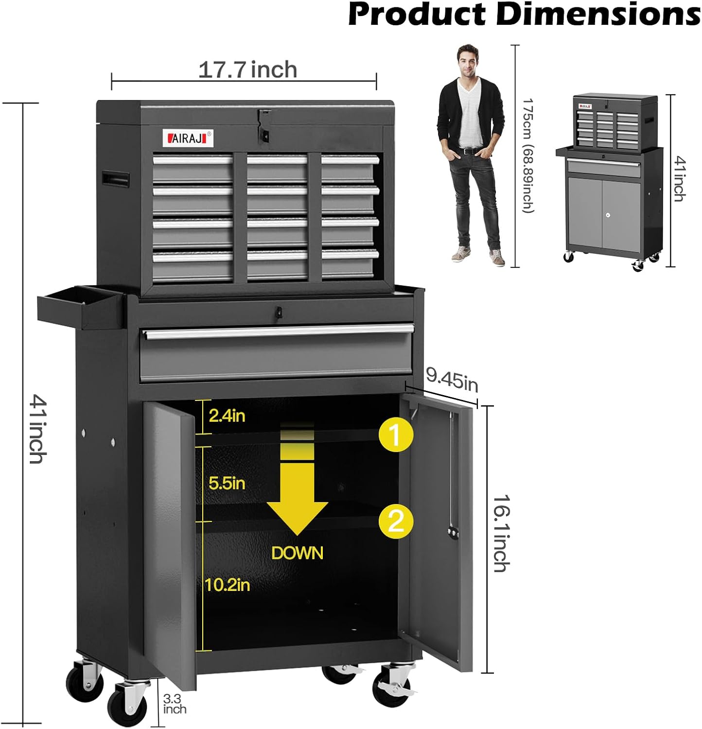 Tool Chest 7-Drawer | 40'' H Rolling Tool Chest with Wheels | Detachable Top Metal Tool Box | Garage Storage Cabinet for Repair Room,Warehouse | Rolling Tool Box with Hooks,Liners,Tray Divider | Black