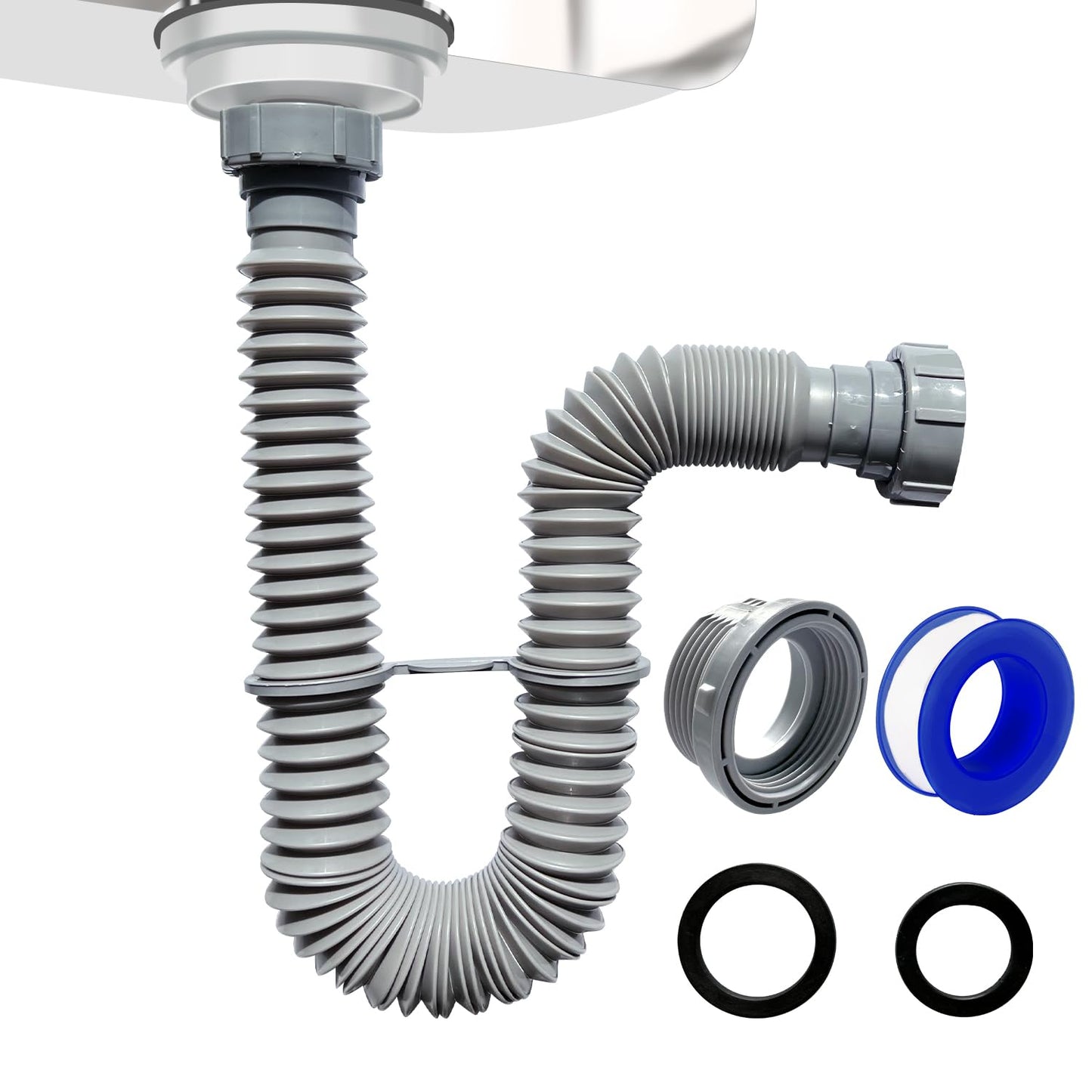 VIVIDA 1-1/2" Sink Drain Pipe Kit, Flexible Drain Pipe P Trap, 7.5"-17.7" Flexible P Trap, Under Sink Plumbing for Bathroom & Kitchen, 1-1/4" Adapter Included, 1 PACK