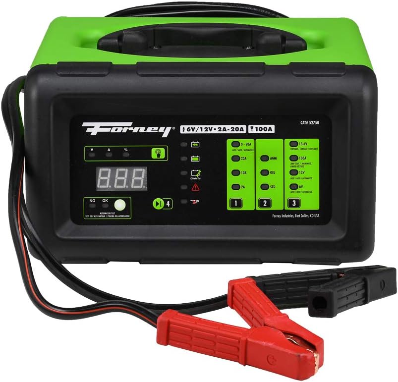 Forney 52750 Battery Charger, 6-Volts at 2, 10 and 20 Amps and 12-Volts at 2, 10, 20 and 100 Amps Start, black/green