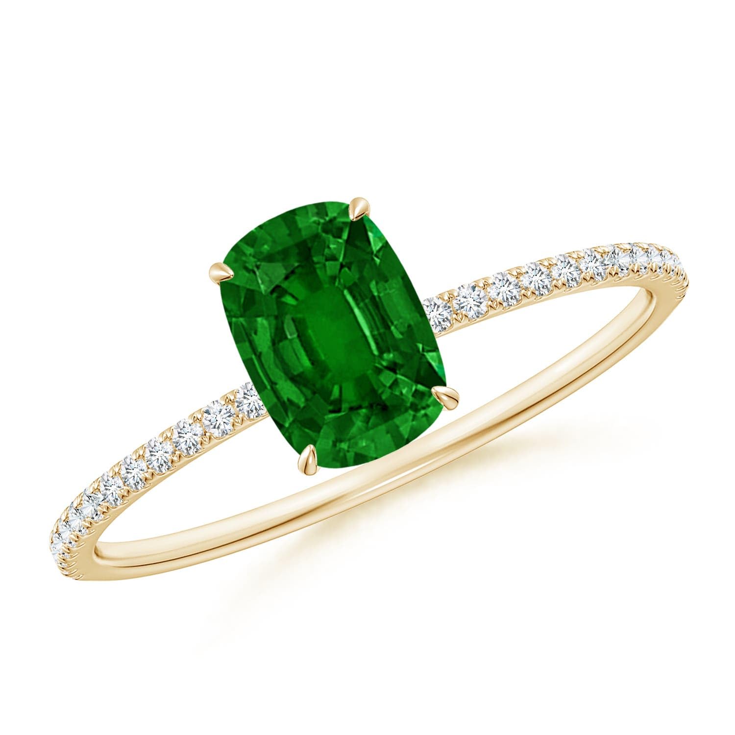 Angara Natural Emerald Ring for Women | Thin Shank Cushion Emerald Ring with Diamond Accents in 14K Solid Gold | May Birthday, Anniversary, Gemstone Jewellery Gift