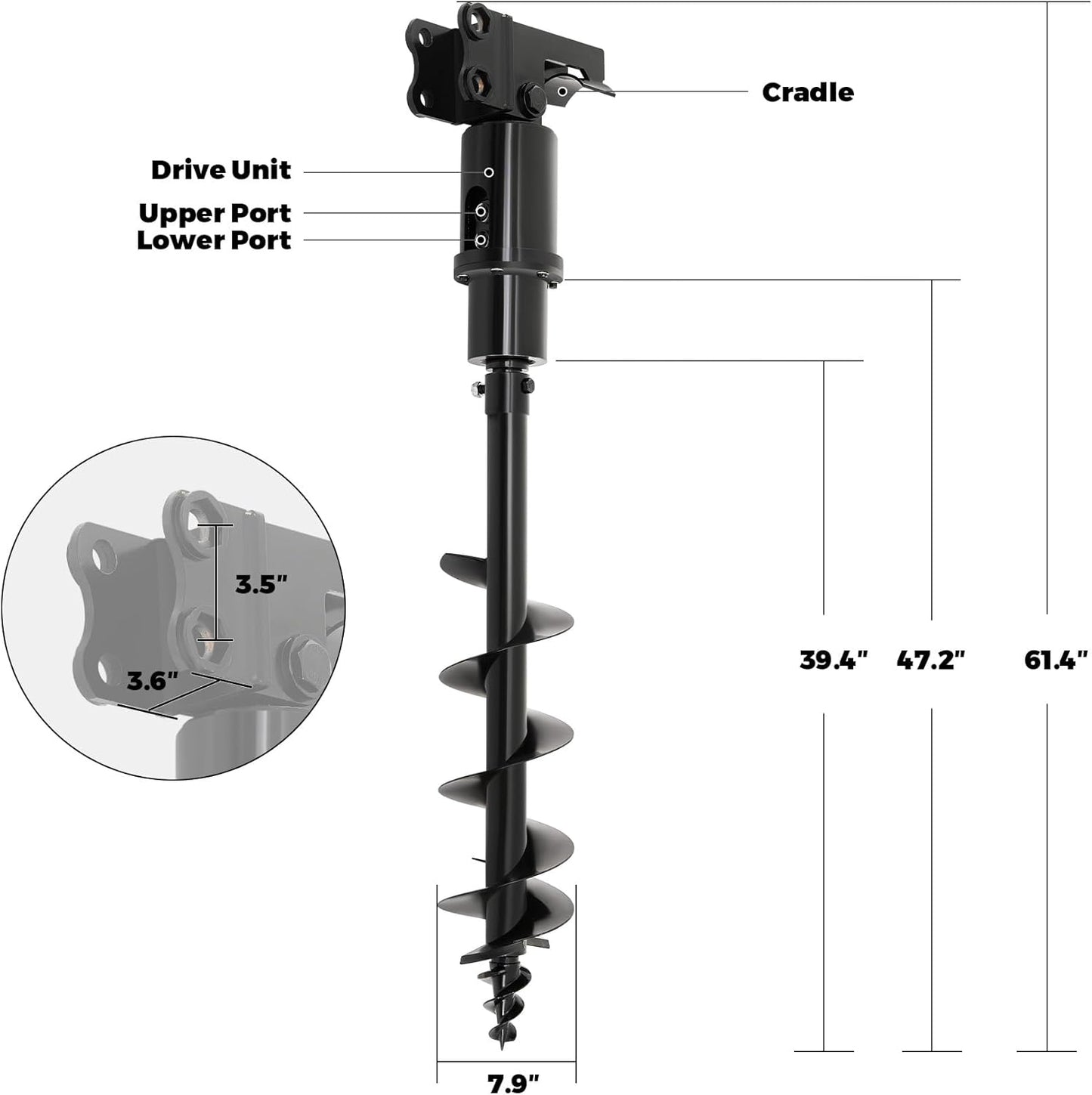 AHM Auger Drill Attachment for Mini Excavator, Hydraulic Mini Excavator Attachment with 2 Hydraulic Hoses, 8" Diameter 47" Depth, Mini Excavator Earth Auger Drive for Drilling Digging Planting