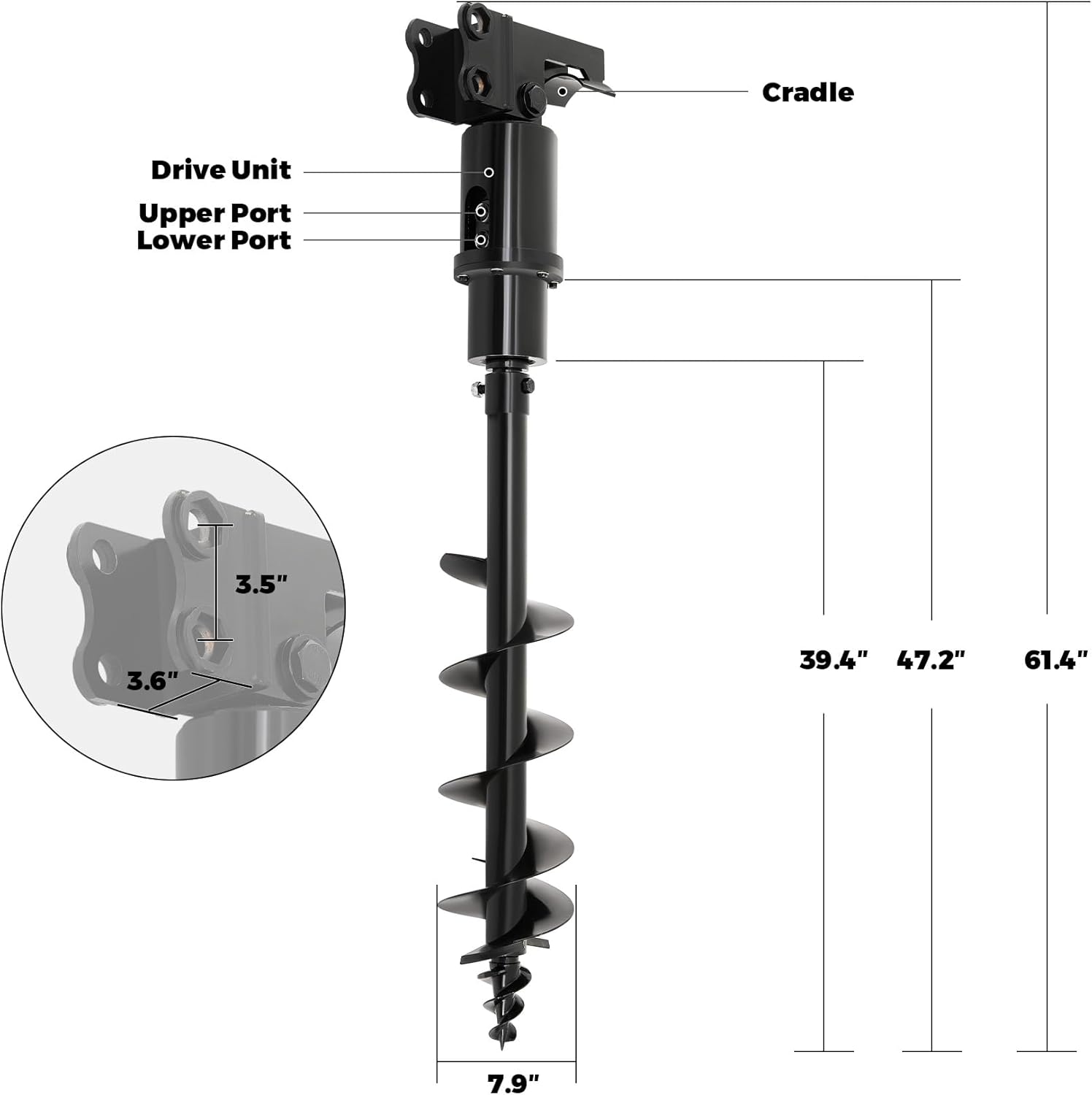 AHM Auger Drill Attachment for Mini Excavator, Hydraulic Mini Excavator Attachment with 2 Hydraulic Hoses, 8" Diameter 47" Depth, Mini Excavator Earth Auger Drive for Drilling Digging Planting