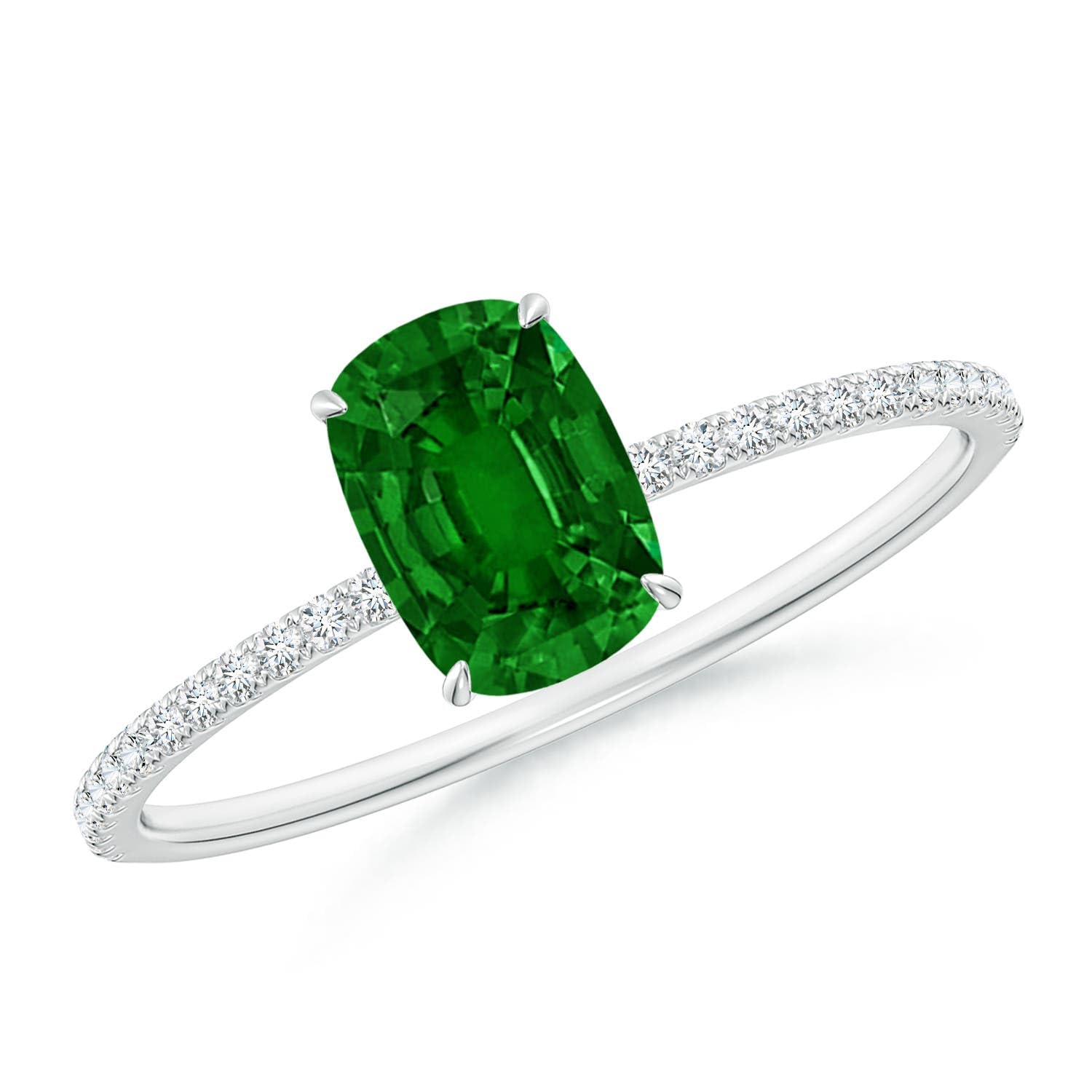 Angara Natural Emerald Ring for Women | Thin Shank Cushion Emerald Ring with Diamond Accents in 14K Solid Gold | May Birthday, Anniversary, Gemstone Jewellery Gift