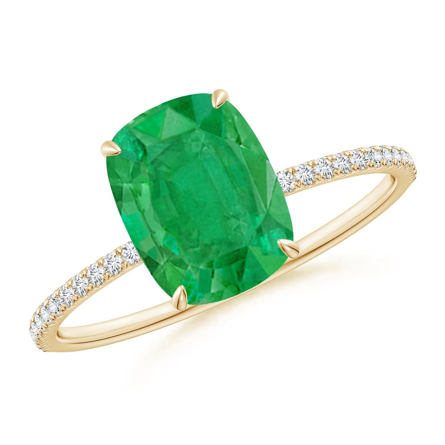 Angara Natural Emerald Ring for Women | Thin Shank Cushion Emerald Ring with Diamond Accents in 14K Solid Gold | May Birthday, Anniversary, Gemstone Jewellery Gift