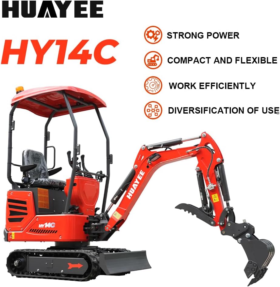 HY14C 1.4 Ton Mini Excavator w/Side Swing Boom, Semi-Auto Quick Coupler & Hydraulic Thumb for Tight Space Construction, Landscaping, Farming 13.5HP B&S Engine, Includes delivery & unloading services