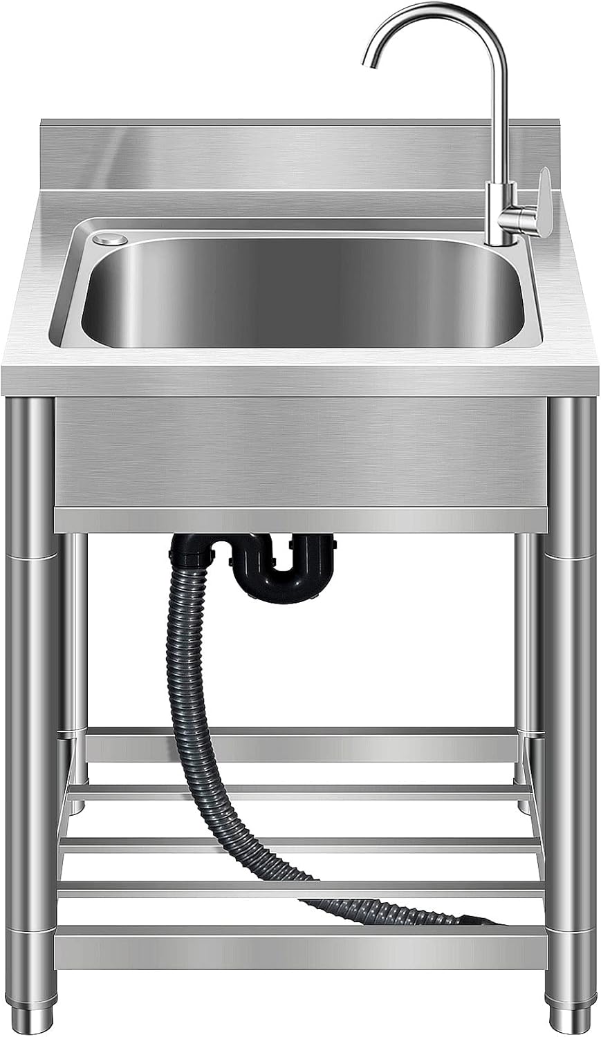 Free Standing Stainless-Steel Single Bowl Commercial Restaurant Kitchen Sink Set w/Faucet, Prep & Utility Washing Hand Basin w/Storage Shelve, laundry tub for Indoor Outdoor (22in)