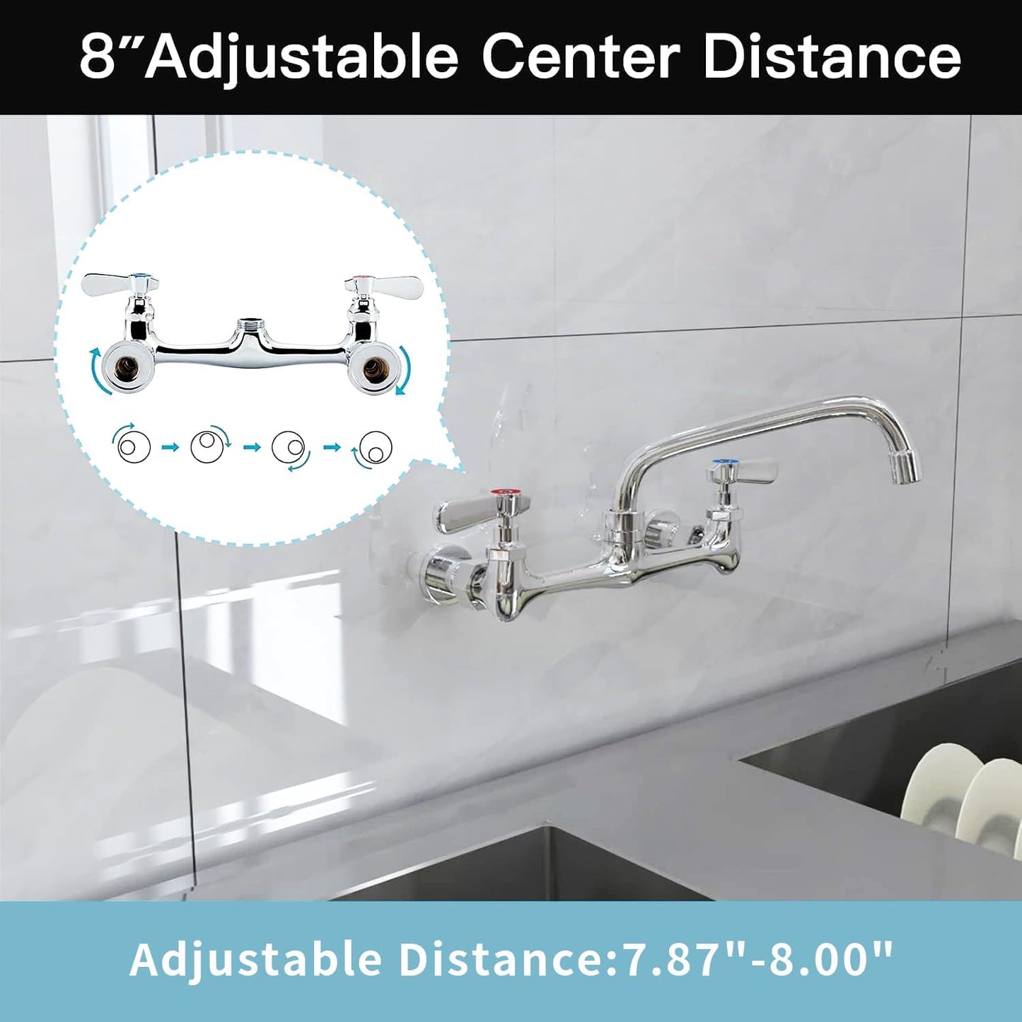 Kitchen Faucet Wall Mount Commercial Sink Faucet Kitchen Utility Laundry 8“ Swivel Spout 2 Dual Handle Restaurant Chrome Mixer Tap