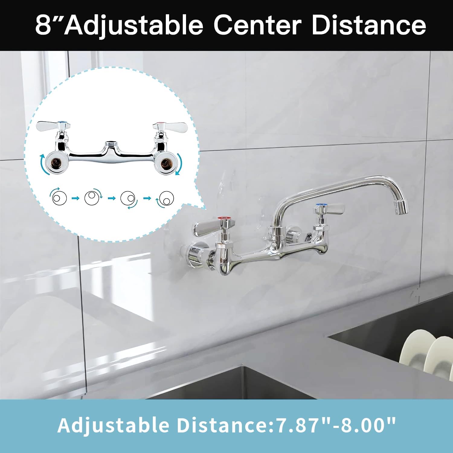 Kitchen Faucet Wall Mount Commercial Sink Faucet Kitchen Utility Laundry 8“ Swivel Spout 2 Dual Handle Restaurant Chrome Mixer Tap