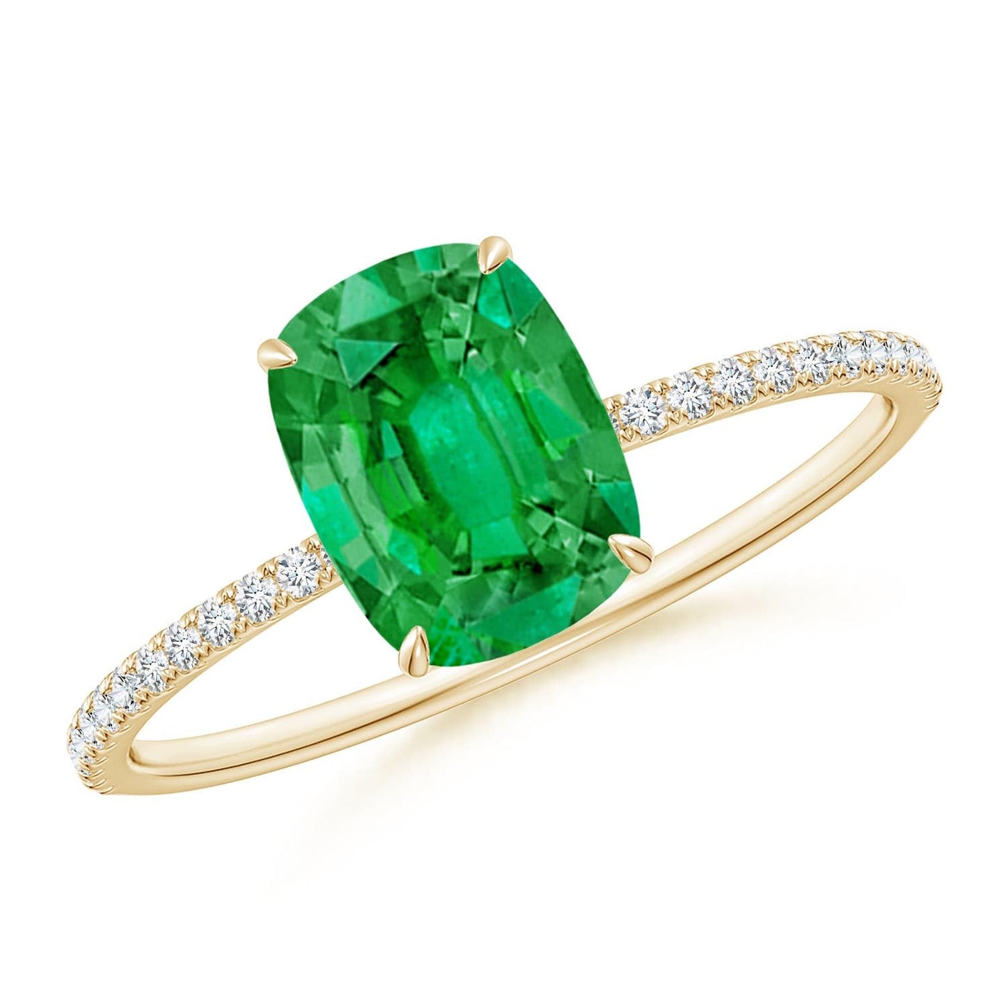 Angara Natural Emerald Ring for Women | Thin Shank Cushion Emerald Ring with Diamond Accents in 14K Solid Gold | May Birthday, Anniversary, Gemstone Jewellery Gift