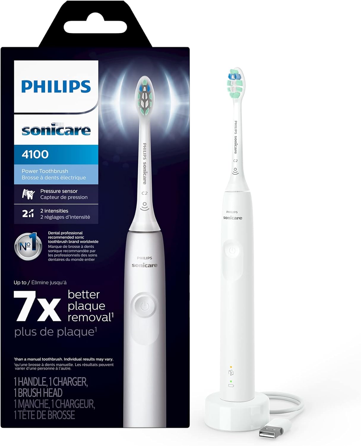 Philips Sonicare 4100 Rechargeable Electric Toothbrush, with Pressure Sensor, 2 Intensity Settings, SmarTimer and QuadPacer, 14-Day Battery Life, White, Model HX3681/23