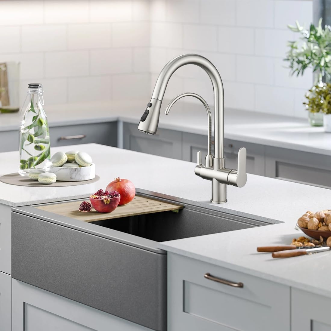 WANFAN Kitchen Sink Faucet with Pull Down Sprayer 2 Handle 3 in 1 Water Filter Purifier Faucets Brushed Nickel 0195SN