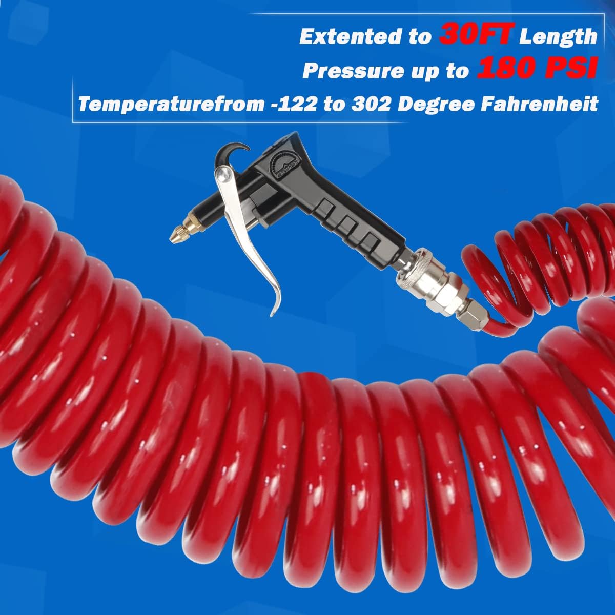 Heavy Duty Truck Air Duster Blow Gun Cleaning with 9 Meter Long Coil and 2 interchangeable nozzle tips- Red Air Seat Blow Gun Kit