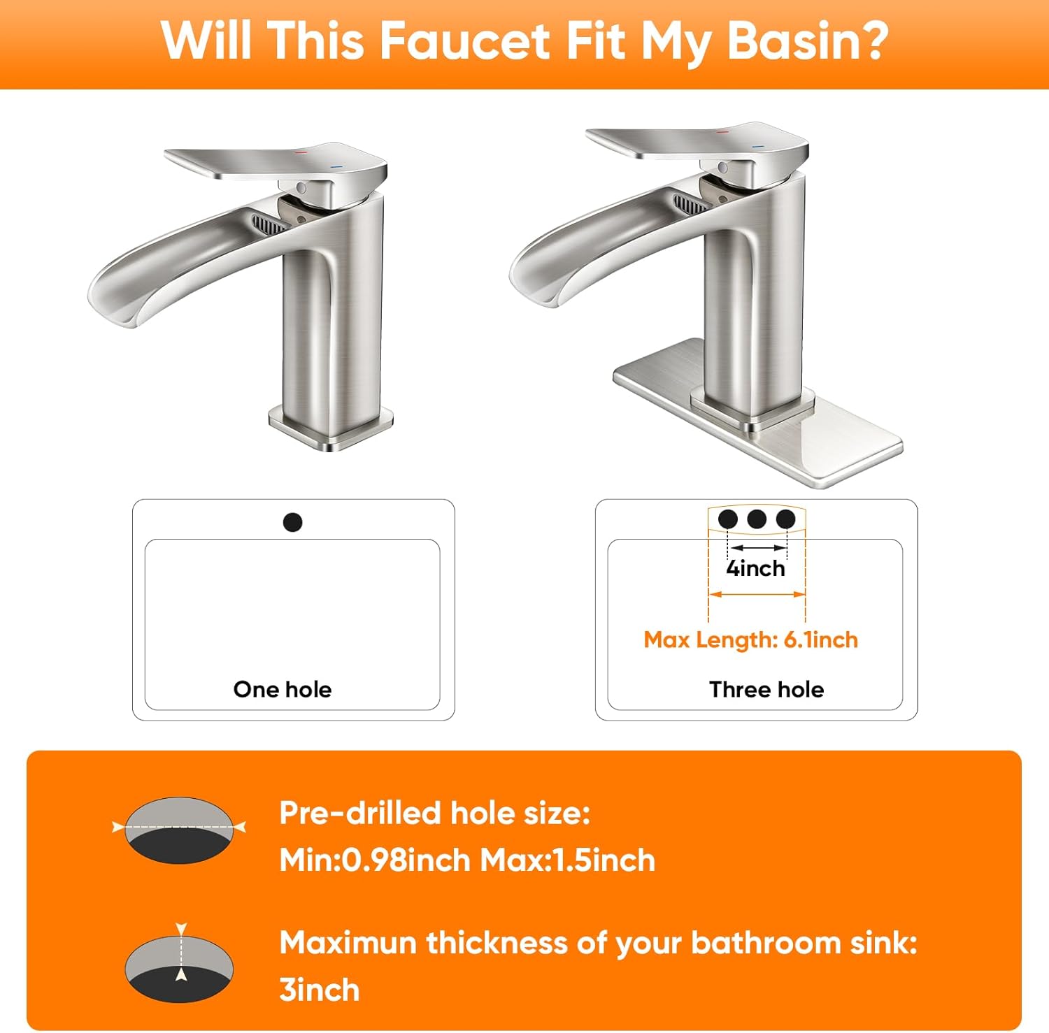 Bathroom Faucet Brushed Nickel OWOFAN Waterfall Washbasin Faucet with Pop Up Drain Single Handle Vanity Farmhouse RV Vessel Basin Mixer Tap Suitable for 1 or 3 Holes Supply Deck Plate and Hose