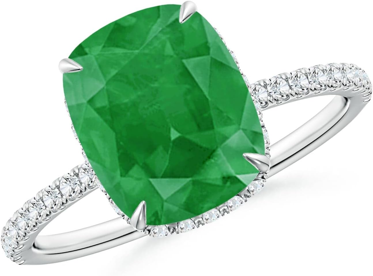 Angara Natural Emerald Ring for Women | Thin Shank Cushion Emerald Ring with Diamond Accents in 14K Solid Gold | May Birthday, Anniversary, Gemstone Jewellery Gift