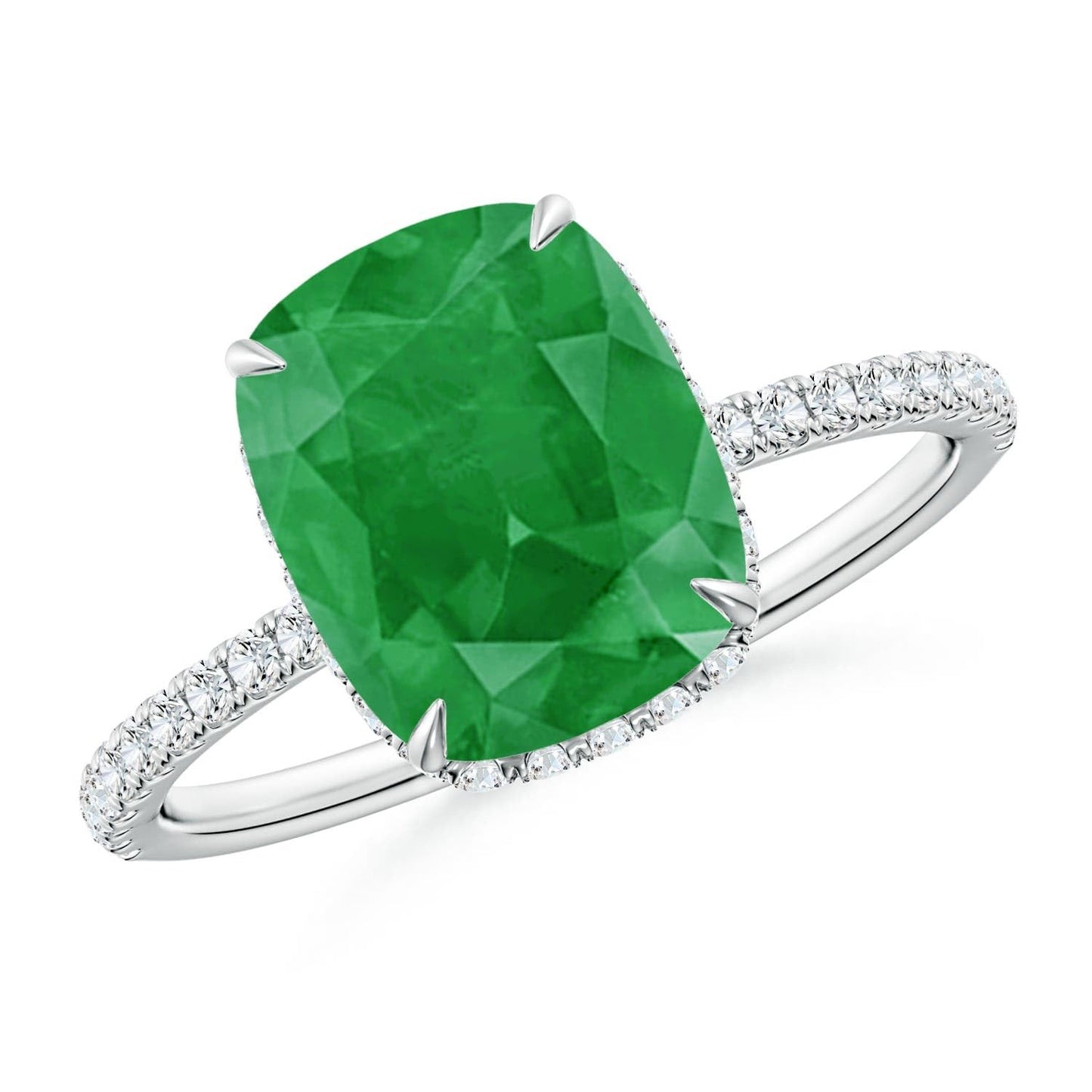 Angara Natural Emerald Ring for Women | Thin Shank Cushion Emerald Ring with Diamond Accents in 14K Solid Gold | May Birthday, Anniversary, Gemstone Jewellery Gift