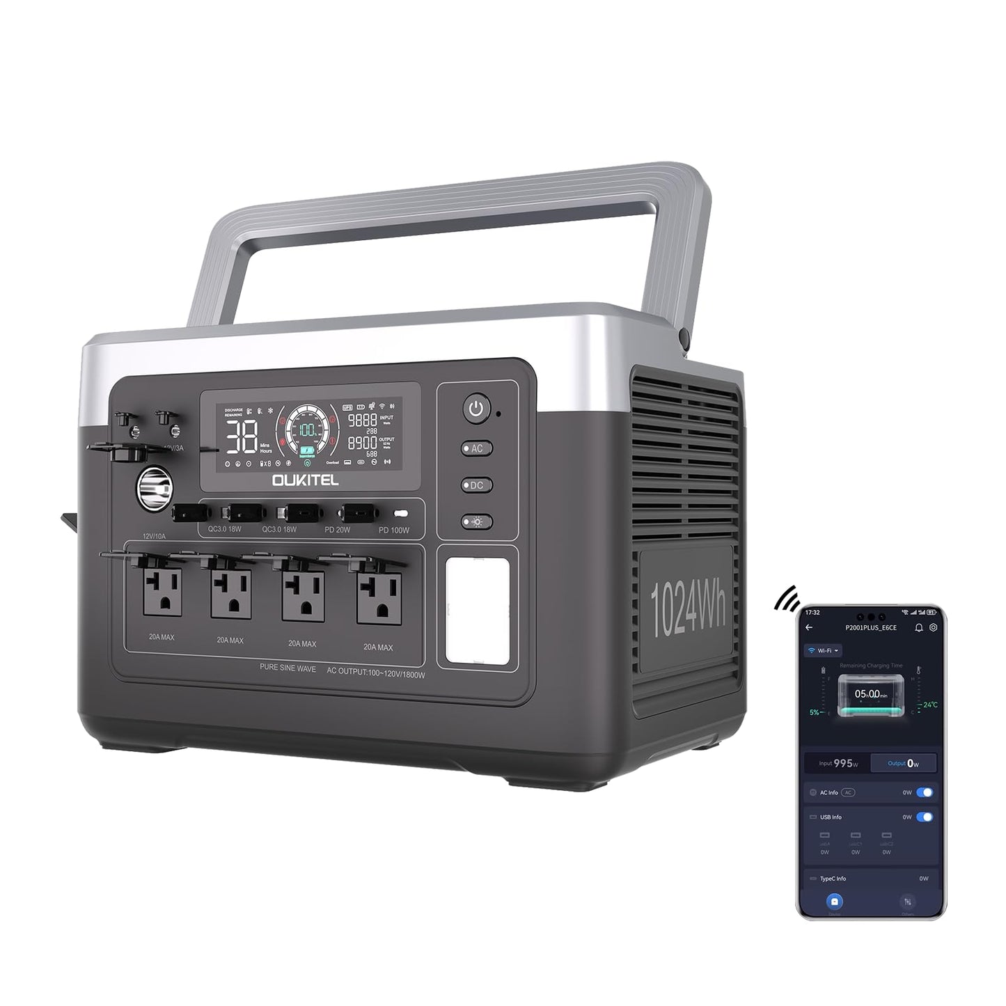 OUKITEL P1000 Plus 1800W Power Station with 200W Solar Panel, 1024Wh Solar Generator with 4 AC Outlets (3600W Peak), 1200W Fast Charging, APP Control Battery Backup for Home, Camping & RVs