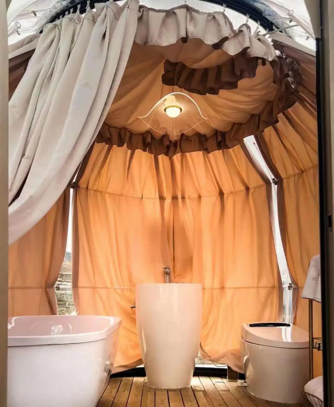 Modern Prefab Dome Home Luxury Outdoor Round Daybed with Arched Metal Canopy, Deck Lounge Furniture, Black Steel Frame, Resort Style Patio Seating