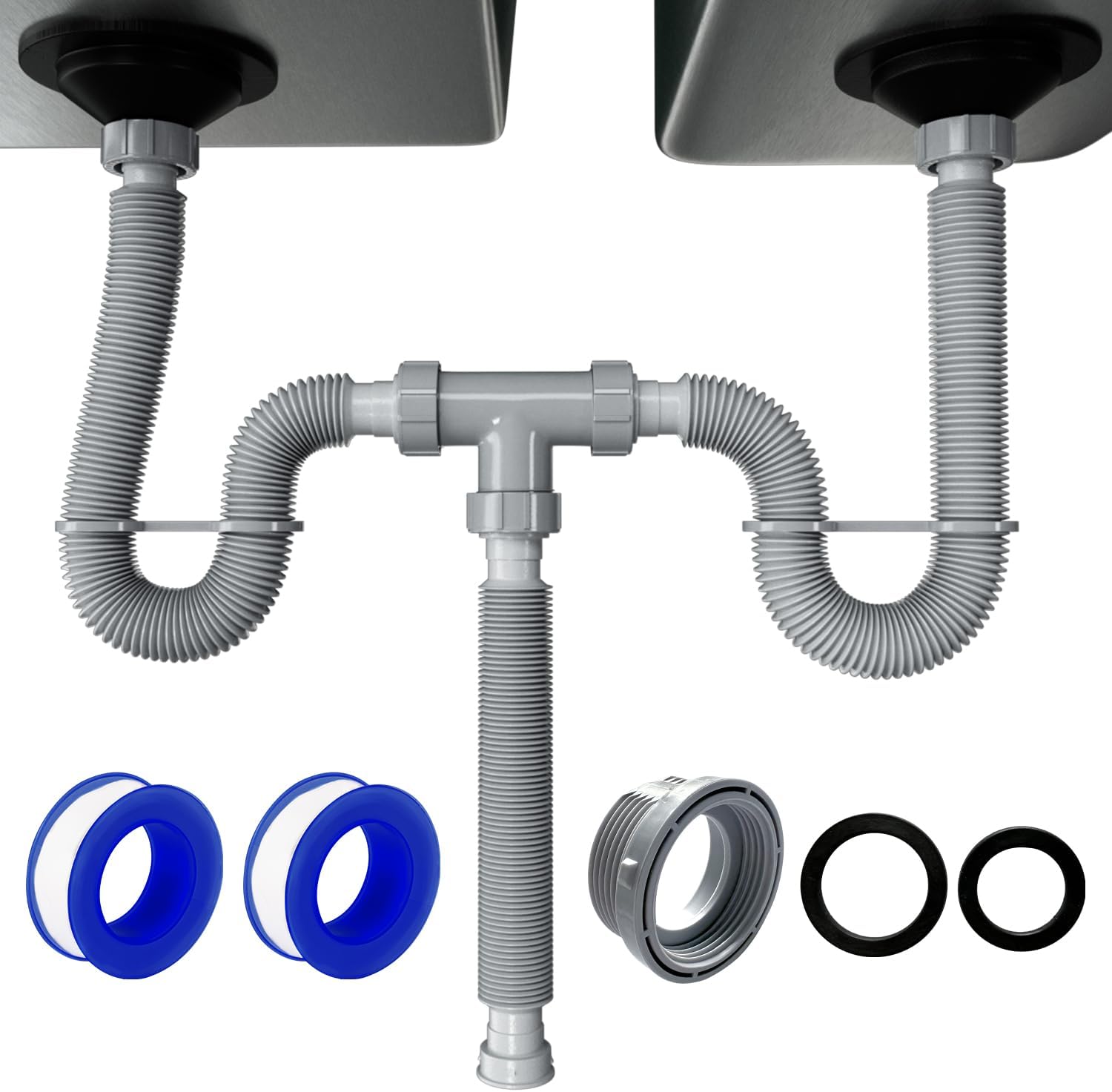 VIVIDA Double Sink Drain Pipe Kit, 1-1/2" Flexible Drain Pipe, 11"-31.5" Expandable Flexible P Trap for Double Kitchen Sink, 1-1/4" Adapter Included, Gray, 1 PACK