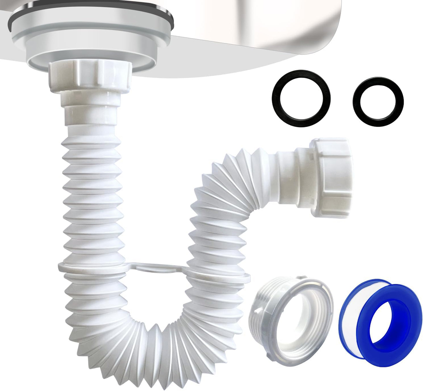 VIVIDA 1-1/2" Sink Drain Pipe Kit, Flexible Drain Pipe P Trap, 7.5"-17.7" Flexible P Trap, Under Sink Plumbing for Bathroom & Kitchen, 1-1/4" Adapter Included, 1 PACK