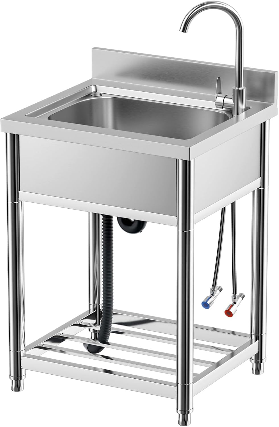 Free Standing Stainless-Steel Single Bowl Commercial Restaurant Kitchen Sink Set w/Faucet, Prep & Utility Washing Hand Basin w/Storage Shelve, laundry tub for Indoor Outdoor (22in)