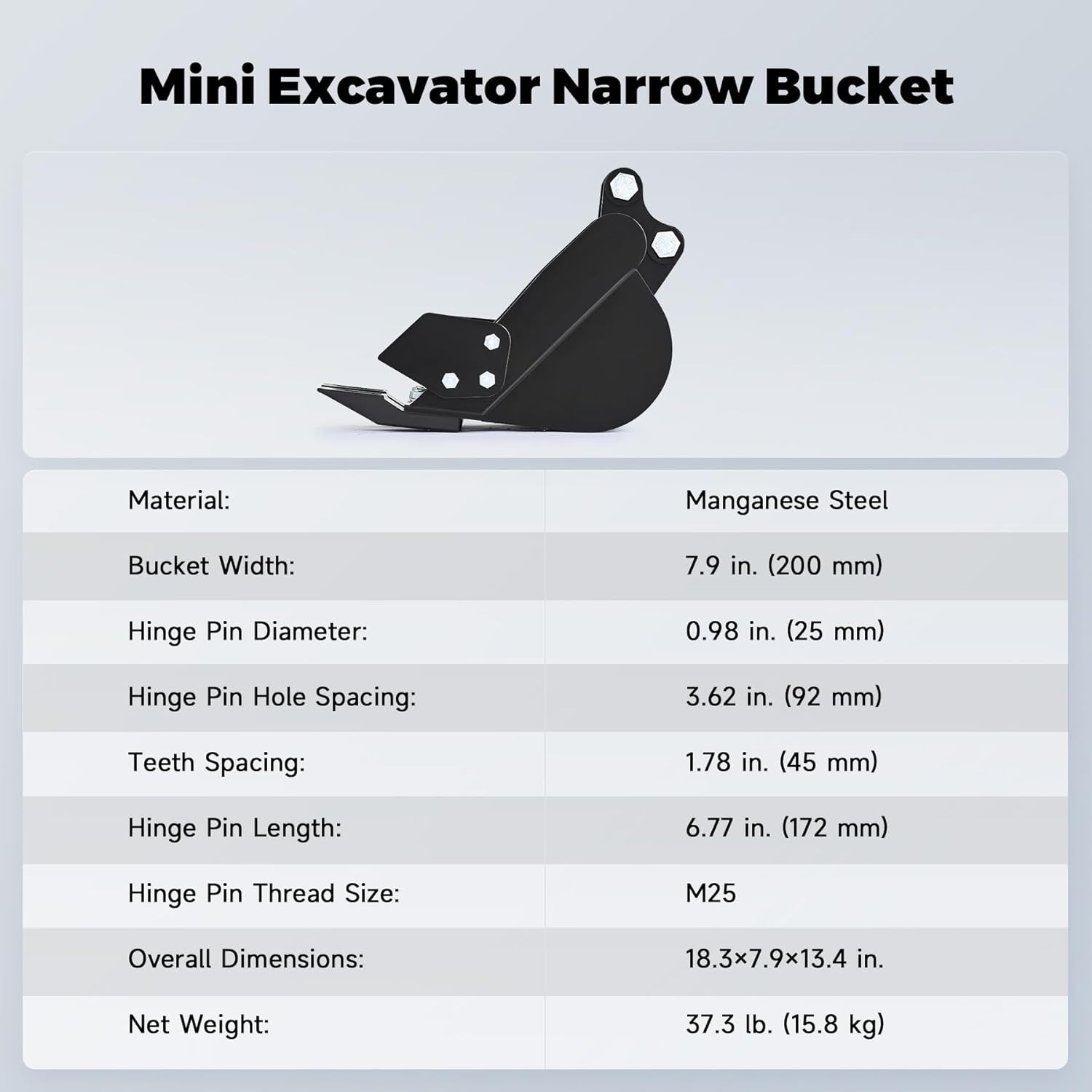 AHM 8" Mini Excavator Narrow Bucket Attachment, 200 mm Trench Bucket for Mini Excavators Diggers up to 2 Tons, Heavy Duty Digging with Metal Teeth