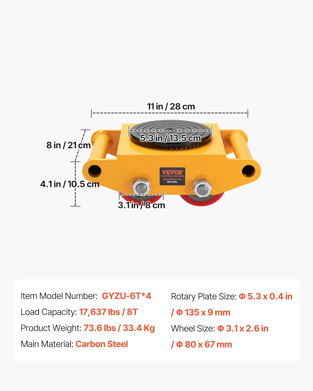 VEVOR 4PCS Machinery Skates Dollies, 17,637 lb Heavy Duty Equipment Moving Skates with 4 PU Wheels, 360° Rotation Non-Slip Cap, Low-Profile Industrial Mover Rollers for Factory, Warehouse, Workshop