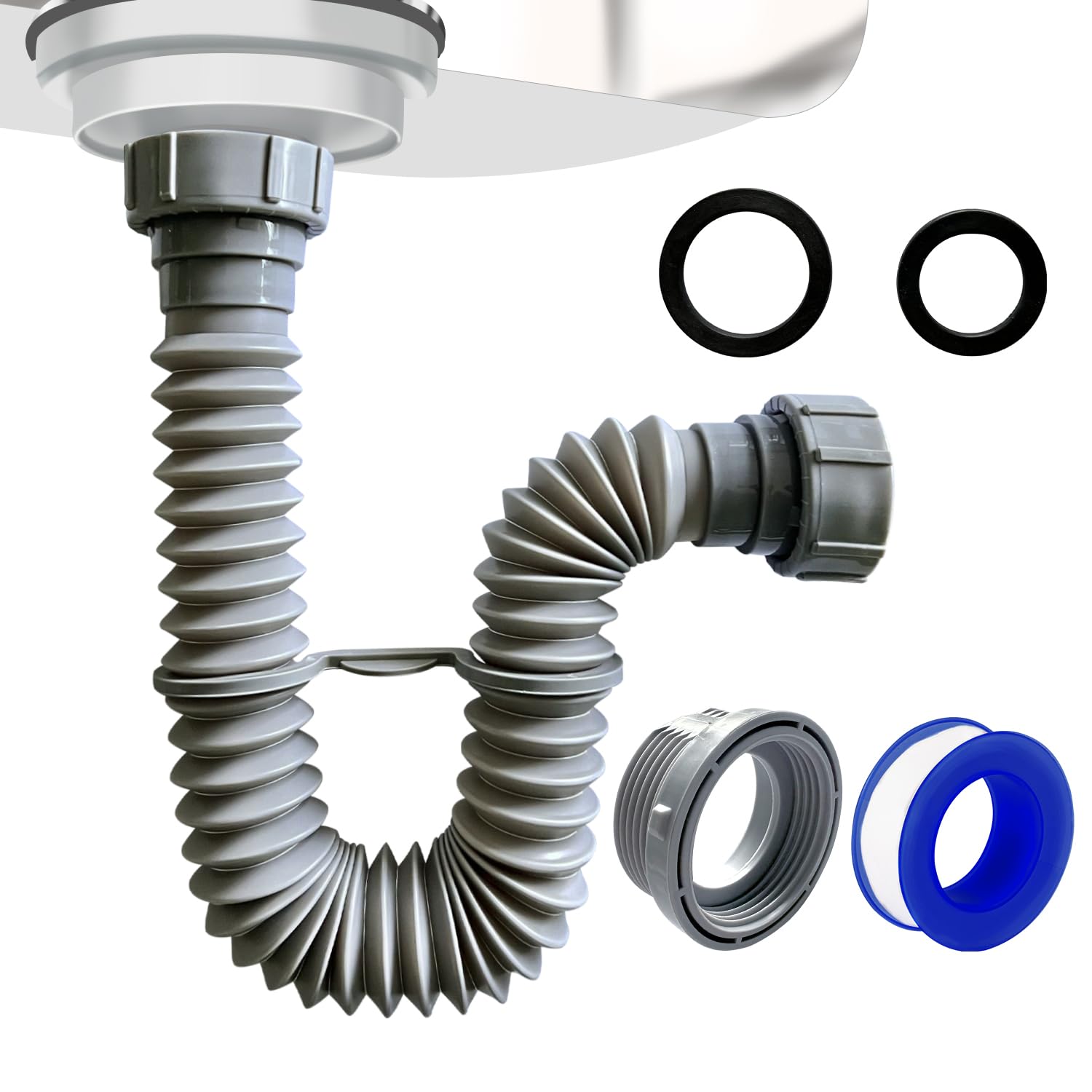 VIVIDA 1-1/2" Sink Drain Pipe Kit, Flexible Drain Pipe P Trap, 7.5"-17.7" Flexible P Trap, Under Sink Plumbing for Bathroom & Kitchen, 1-1/4" Adapter Included, 1 PACK