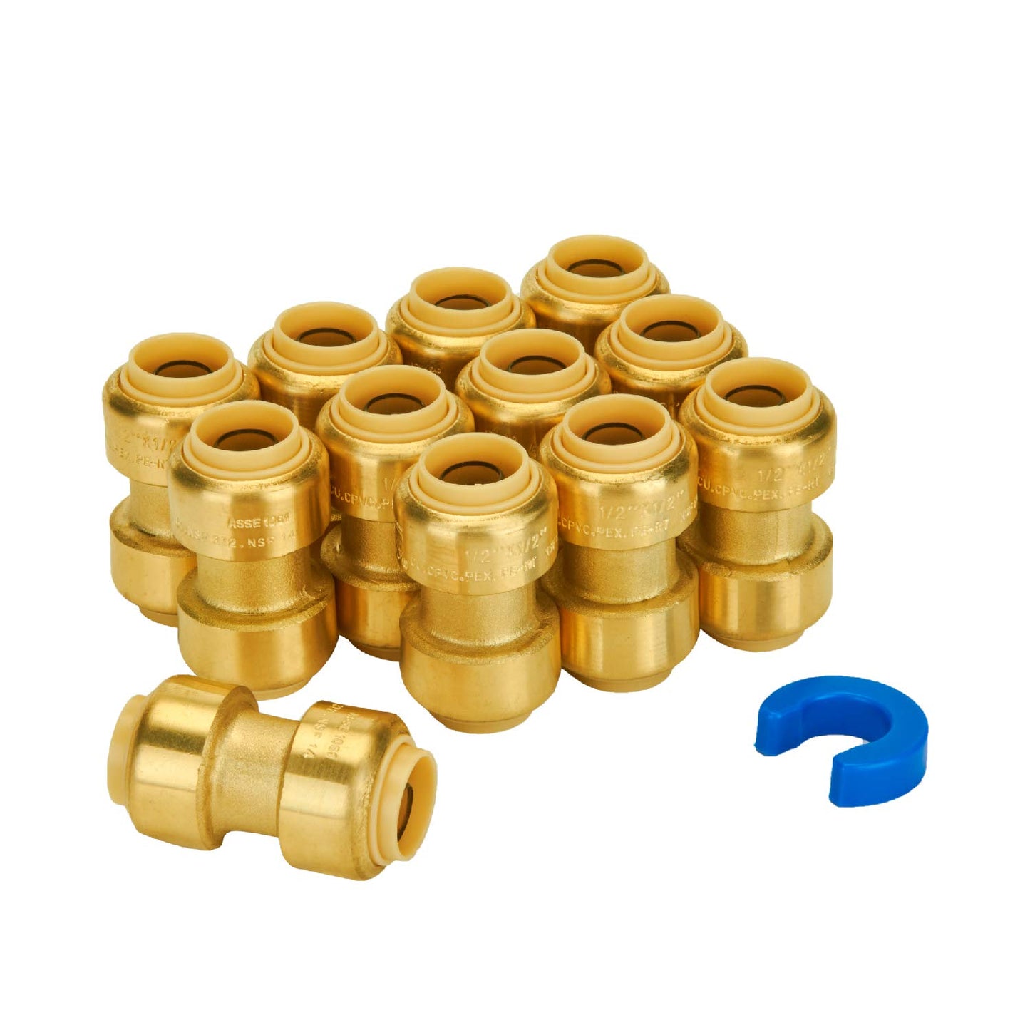SUNGATOR 1/2 Inch Tee, Push Pex Tee Plumbing Fittings 1/2 Inch, No Lead Brass Push-to-Connect T Plumbing Fittings for PEX Pipe, Copper, CPVC, with 1 Disconnect Clip, Pack of 12