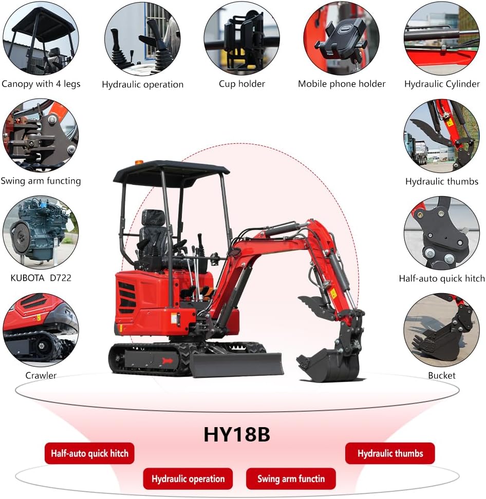 HY18B 2T Mini Excavator, KubotaDiesel 14HP, w/Pilot Controls Side Swing Boom for Construction Landscaping, Includes Hydraulic Thumb & Semi-Auto Quick Coupler, Includes delivery & unloading services