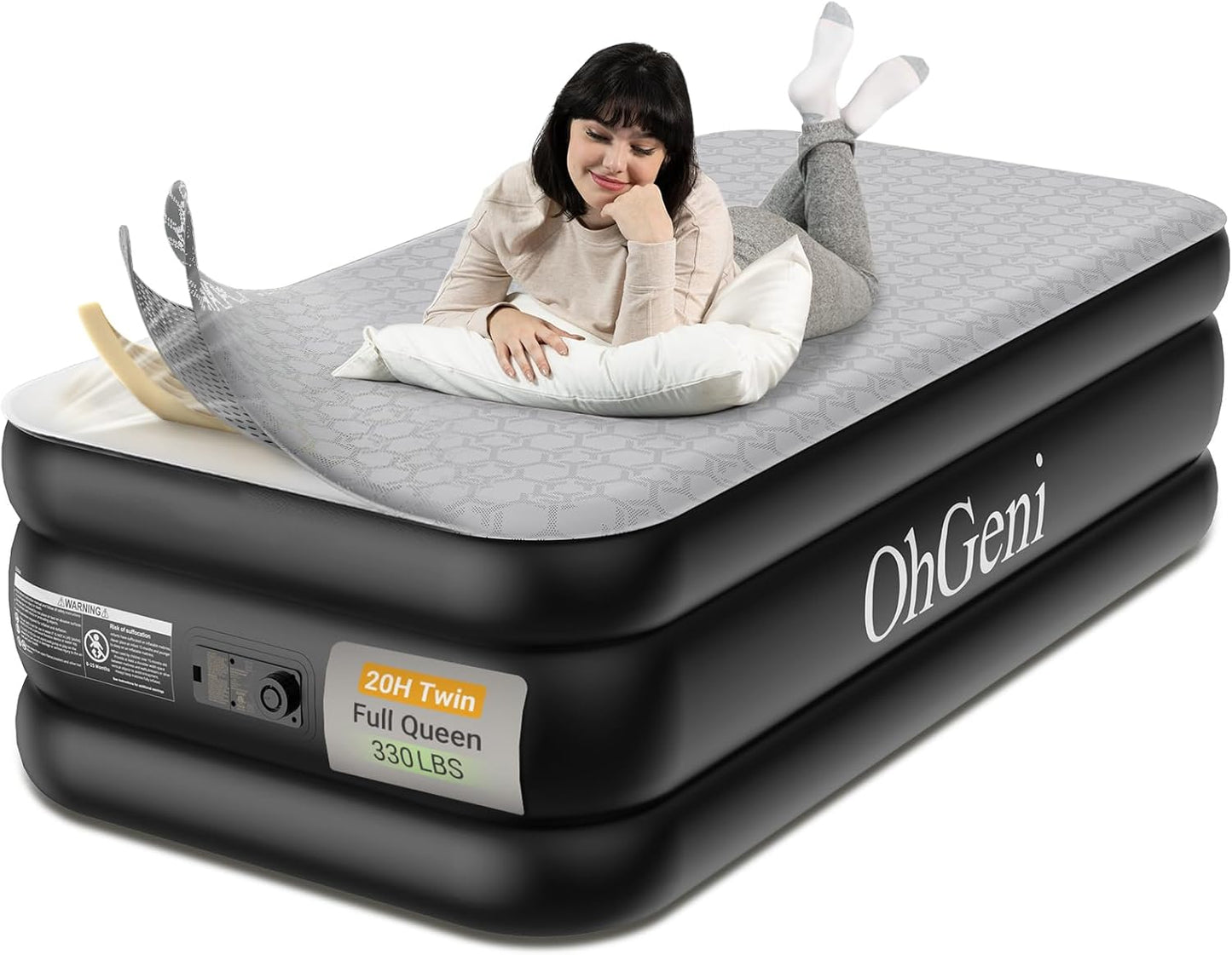 OhGeni 18" Luxury Queen Air Mattress with Built-in Pump & 20" Luxury Twin Inflatable Bed with Silk Foam Topper for Superior Comfort, Blow-Up Mattress for Home, Camping & Guests, Extra Support, Black