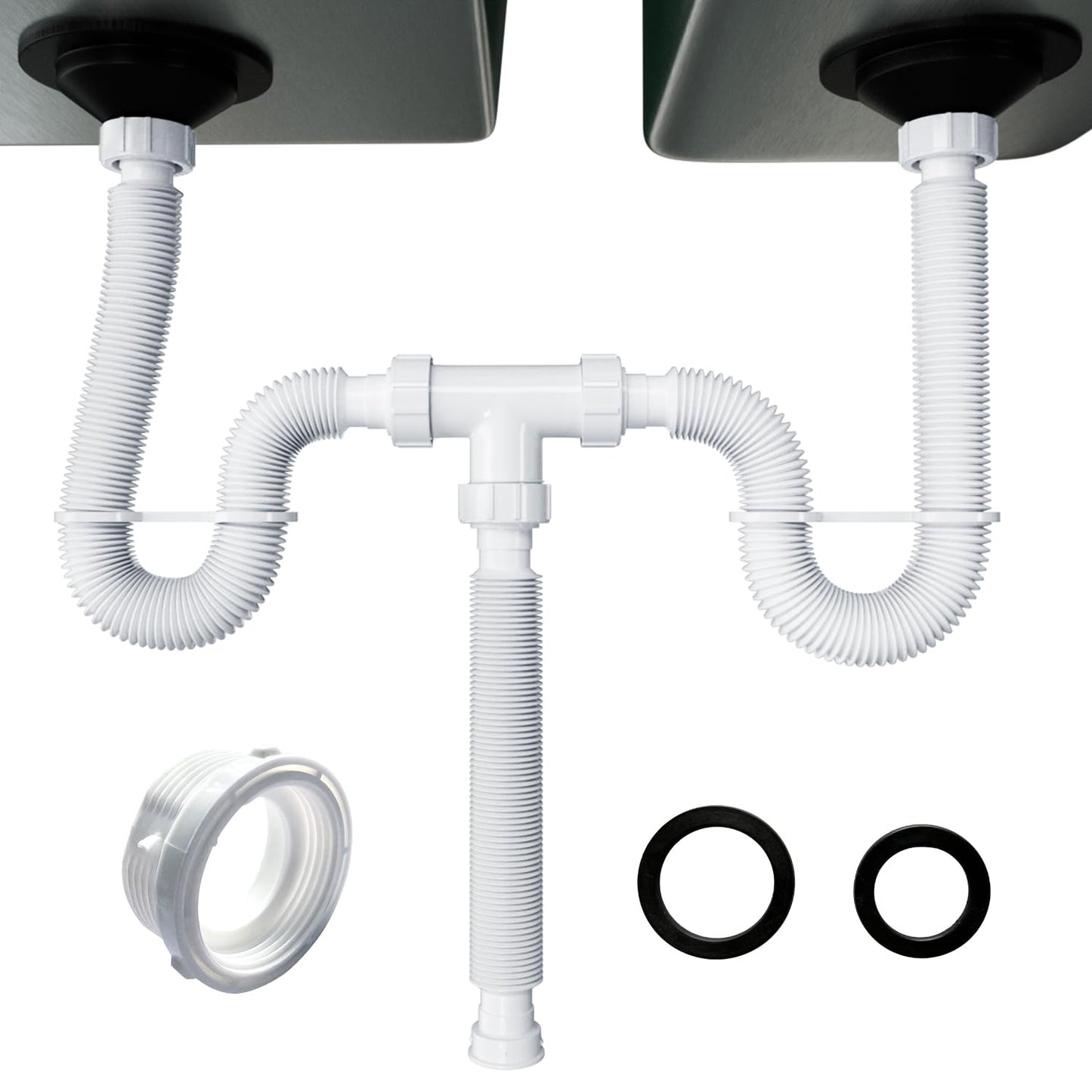 VIVIDA Double Sink Drain Pipe Kit, 1-1/2" Flexible Drain Pipe, 11"-31.5" Expandable Flexible P Trap for Double Kitchen Sink, 1-1/4" Adapter Included, Gray, 1 PACK