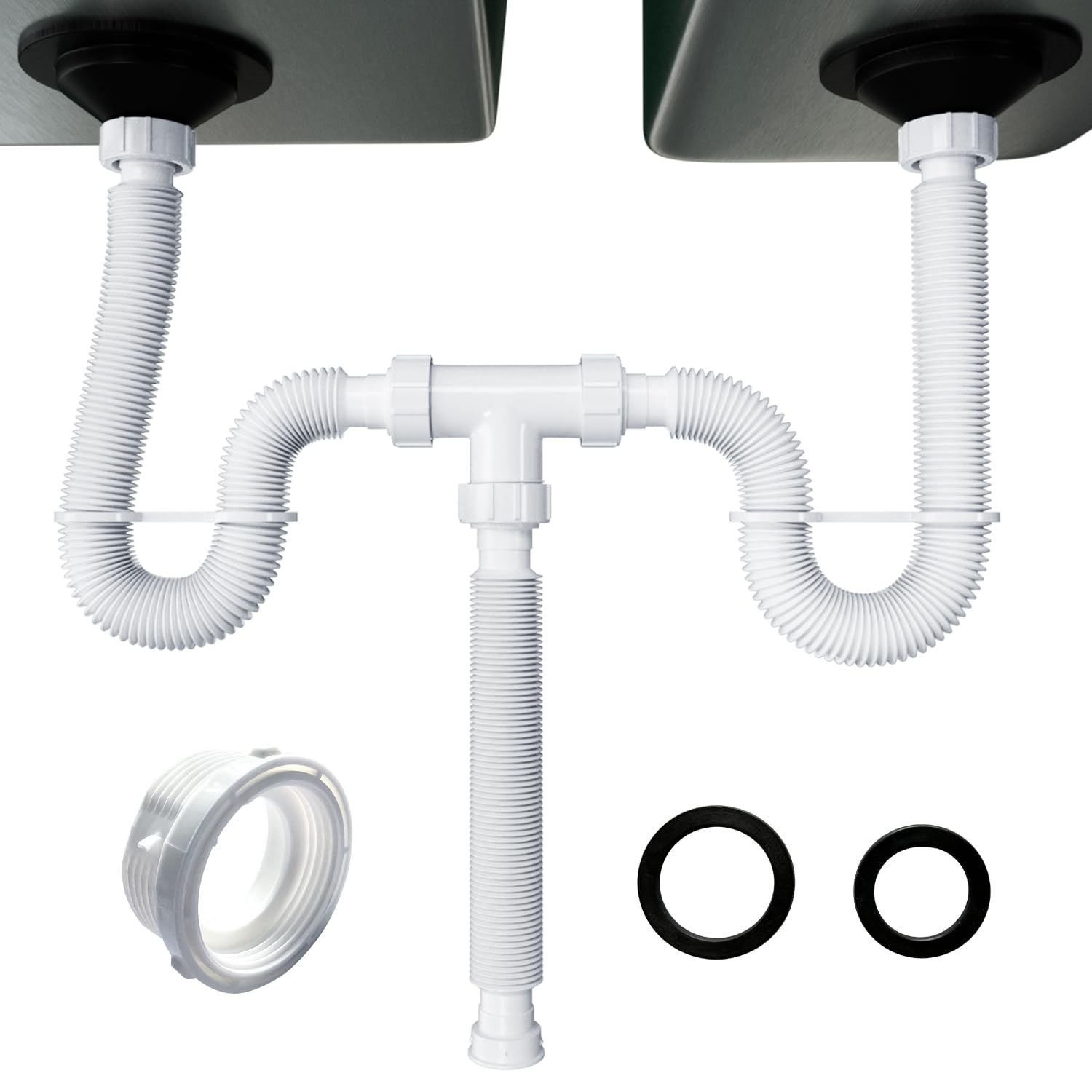 VIVIDA Double Sink Drain Pipe Kit, 1-1/2" Flexible Drain Pipe, 11"-31.5" Expandable Flexible P Trap for Double Kitchen Sink, 1-1/4" Adapter Included, Gray, 1 PACK