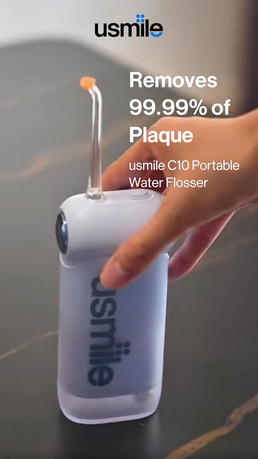 usmile C10 Portable Water Flosser – Travel-Friendly, 95-Day Battery, 4 Modes, 360° Nozzle, 180ml Tank, IPX7 Waterproof, Dentist-Recommended for Braces, Implants & Sensitive Gums (Blue)