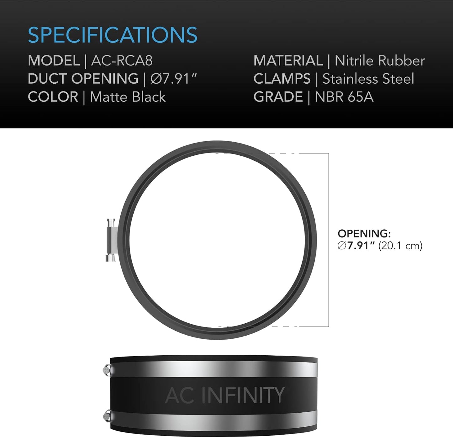 AC Infinity Noise Reduction Clamp 8-Inch, Duct Coupler with Stainless Steel Clamps, Flexible Rubber Coupling for Inline Fans and Carbon Filters in Growing and HVAC